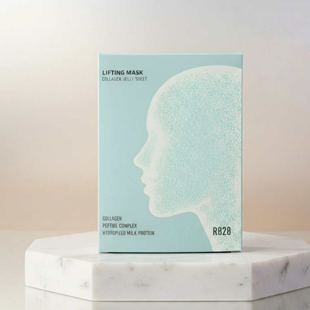R828 Lifting Mask Pack (5 pieces) : boîte bleue “R828” sur socle marbre, masque feuille pour soins lifting