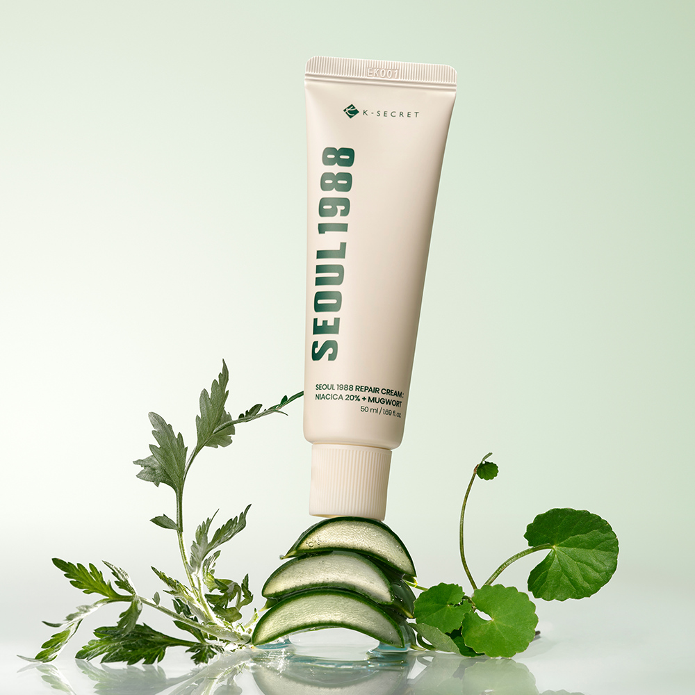 SEOUL 1988 Niacica Repair Cream 50ml, tube K-Secret sur fond vert avec feuilles et concombres, image produit