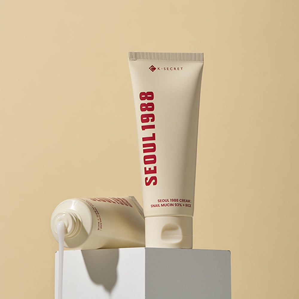SEOUL 1988 Snail 93 Cream 100ml de la marque X-SECRET, crème snail sur fond beige, tube ouvert.