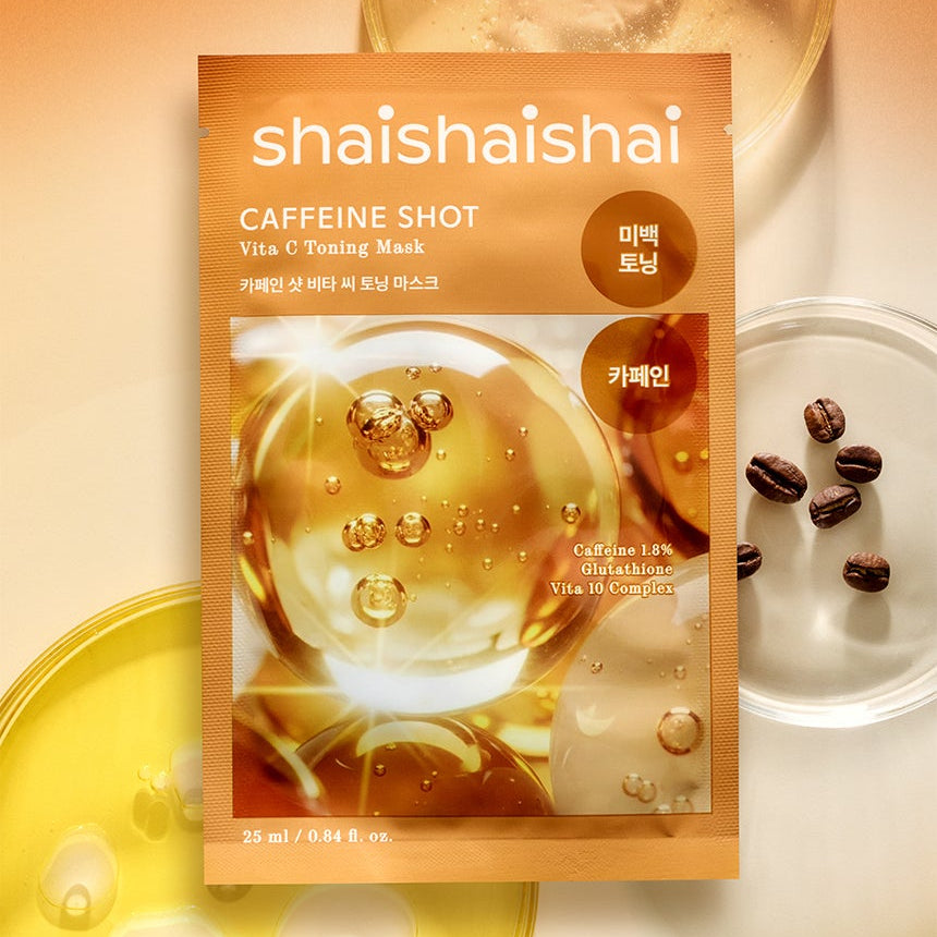 SHAISHAISHAI Caffeine Shot Vita C Toning Mask 25ml 20 sheets, masque visage en sachet doré sur fond crème, caféine et vitamine C