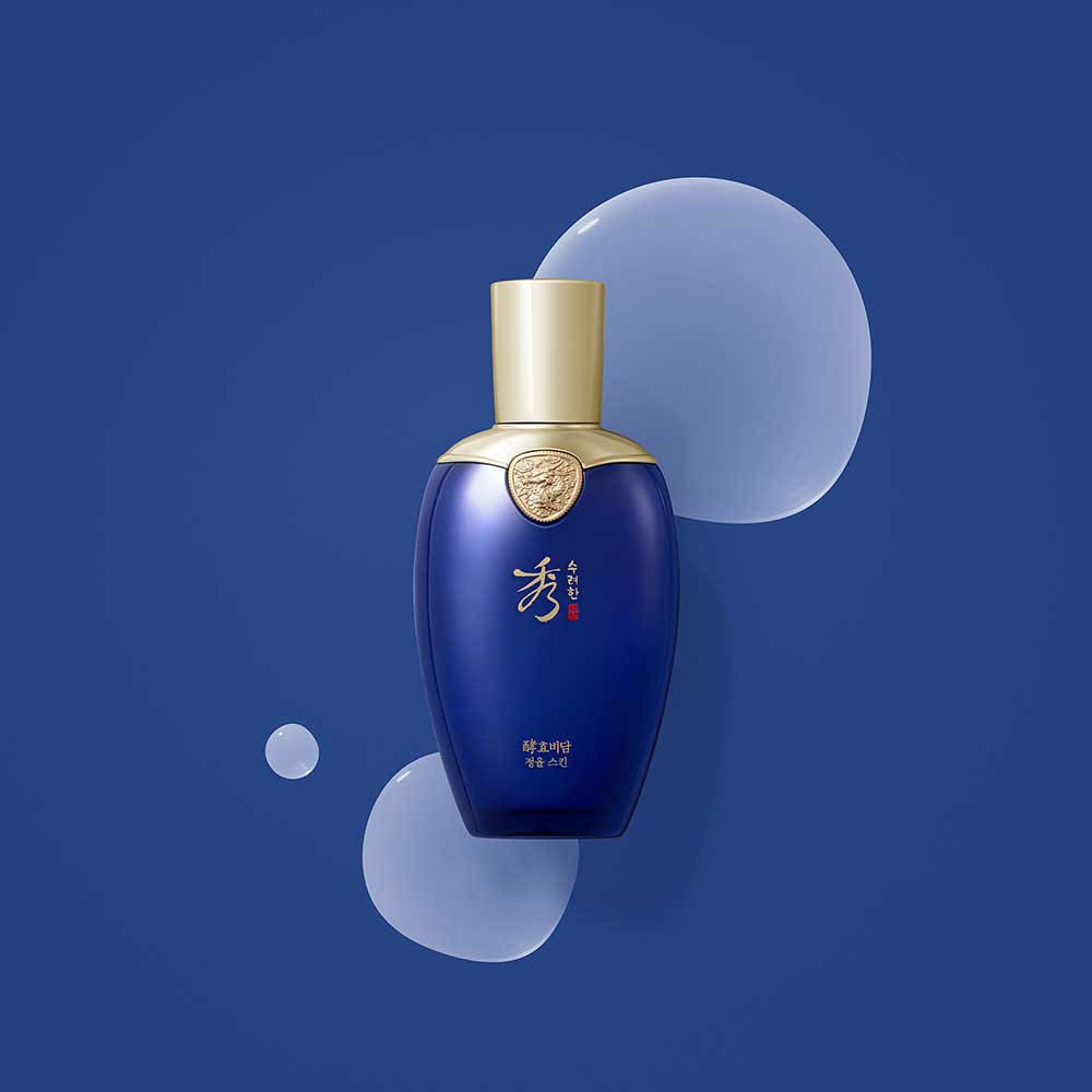 SOORYEHAN Hyobidam Jeongyul Skin 150ml, flacon bleu sur fond bleu, marque Sooryehan en visuel produit