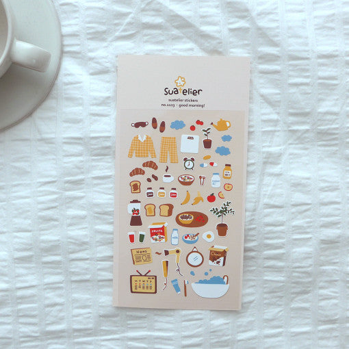 SUATELIER Good Morning! Stickers, feuilles sur table blanche avec tasse et ambiance petit-déjeuner, style rétro illustré.