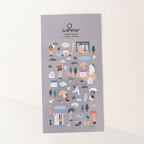 SUATELIER Rainy Day Stickers : pack de stickers pluie avec personnages et parapluies sur fond gris, style illustré
