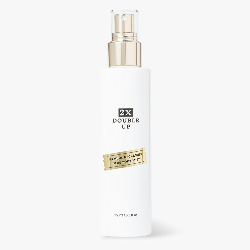 SUELO 2X Double Up Neck & Bust Body Mist 150ml : flacon blanc et or sur fond clair, marque Suelo, visuel produit.