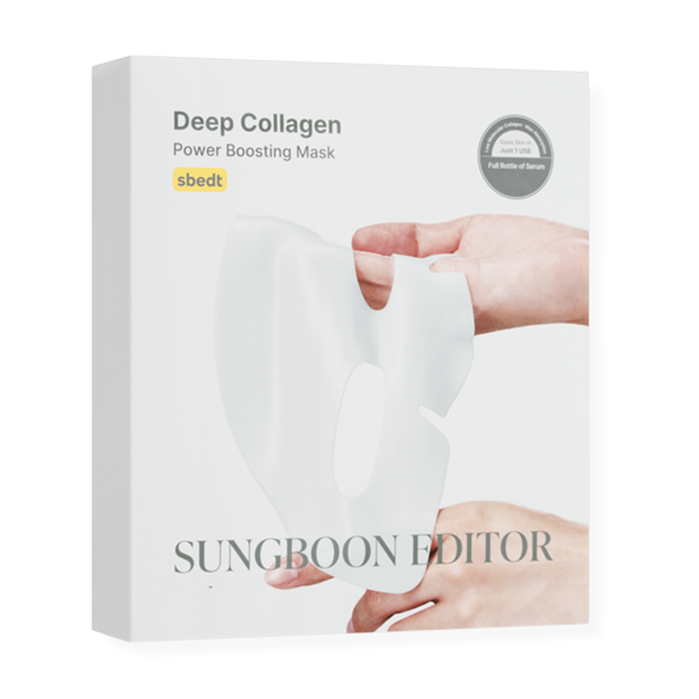 SUNGBOON EDITOR Deep Collagen Power Boosting Mask - 1 Mask, masque hydratant en main, emballage face, fond clair
