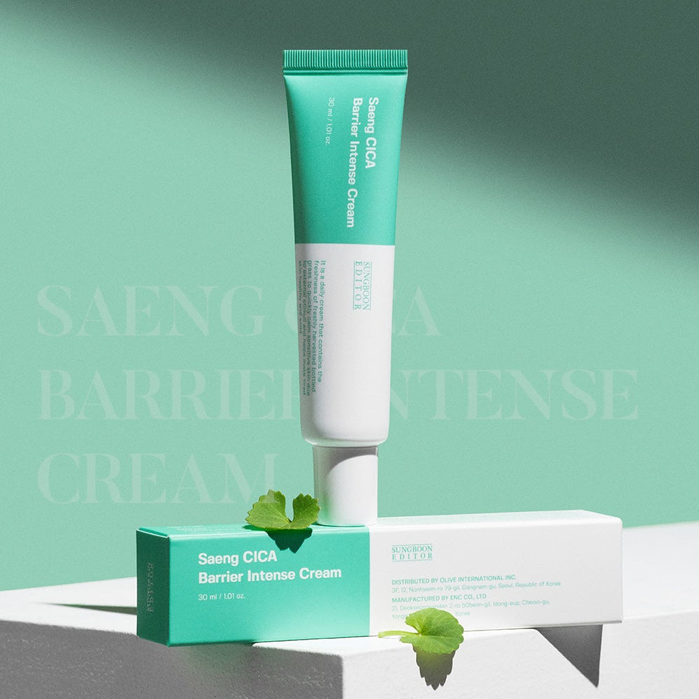 SUNGBOON EDITOR Saeng Cica Barrier Intensive Cream 30ml, tube et boîte sur fond vert clair, marque SUNGBOON EDITOR
