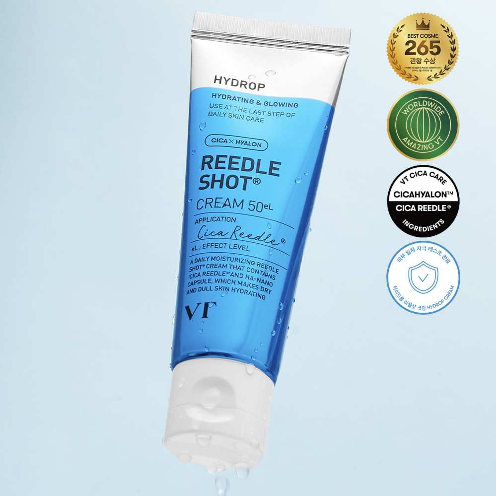Crème VT COSMETIC Hydro Riddleshot Cream 50g, hydratation et éclat, tube à côté de logos de récompenses.