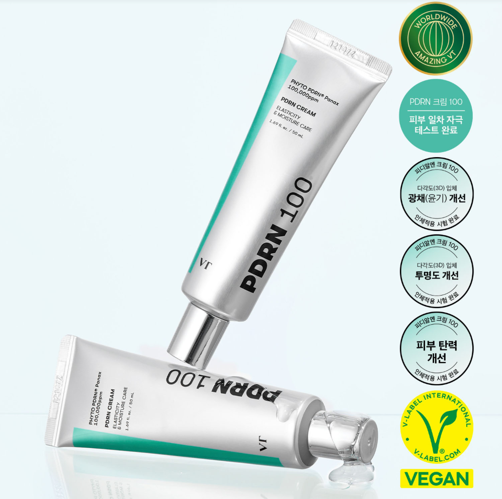 Crème VT COSMETIC PDRN Cream 100 50ml, soin nourrissant et vegan, avec certifications visibles sur l'image, idéale pour la peau.