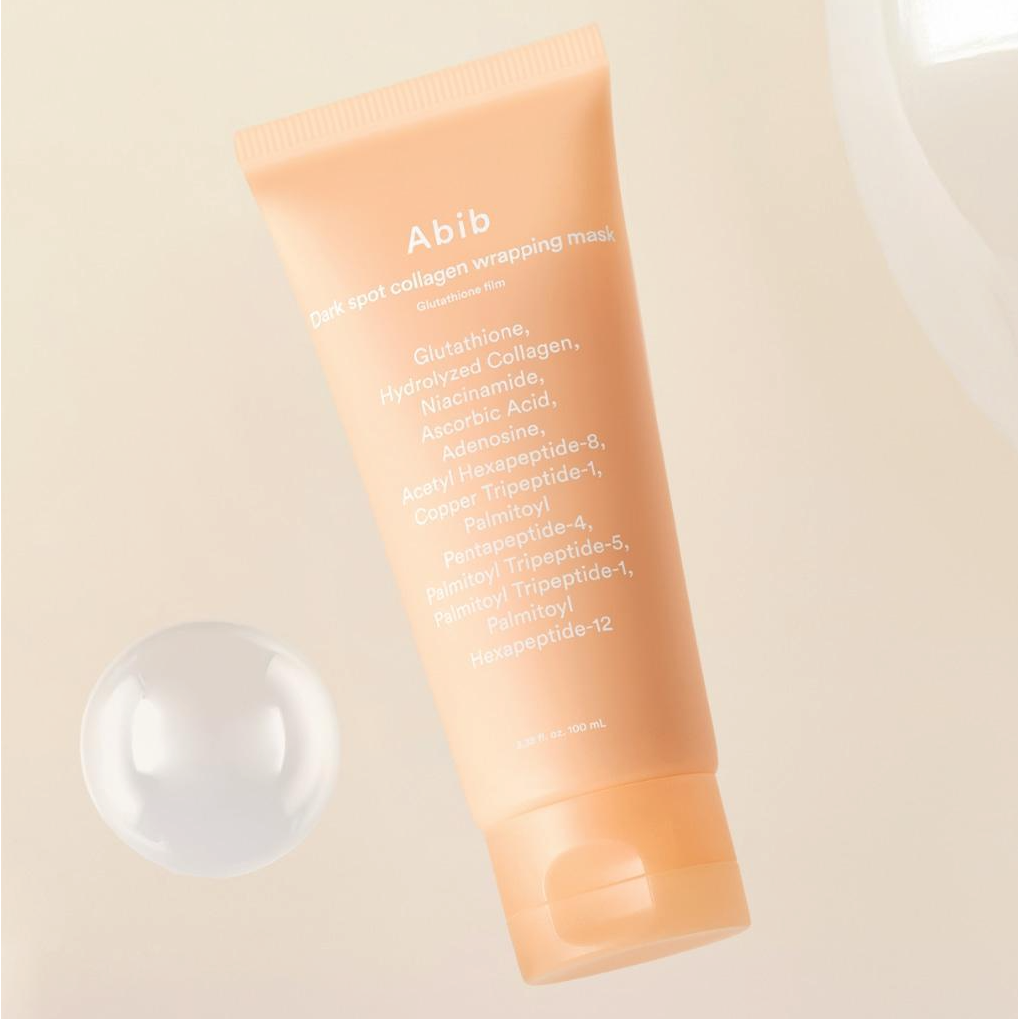 Masque ABIB Blemish Collagen Wrapping Glutathione Film 100ml avec ingrédients visibles, emballage orange, fond neutre.