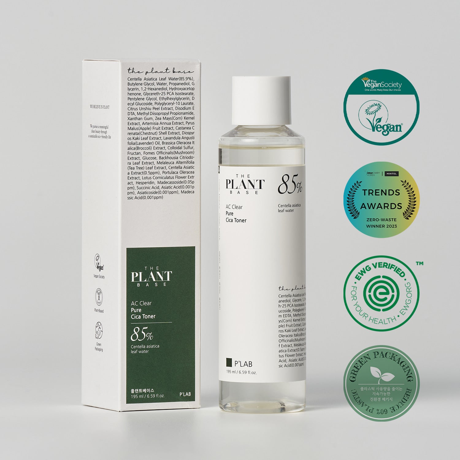 THE PLANT BASE Ac Clear Pure Cica Toner 195ml de la marque THE PLANT BASE, flacon sur fond clair, produits cosmétiques