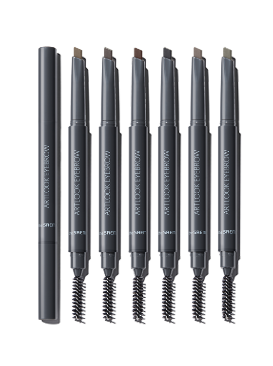Décris l'image en français en mentionnant THE SAEM Saemmul Artlook Eyebrow 0.2g, marque THE SAEM, sur fond noir.