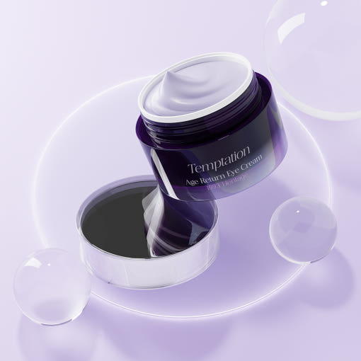 Crème contour des yeux THE SAEM Temptation Age Return Eye Cream 30ml sur fond violet, pot ouvert.