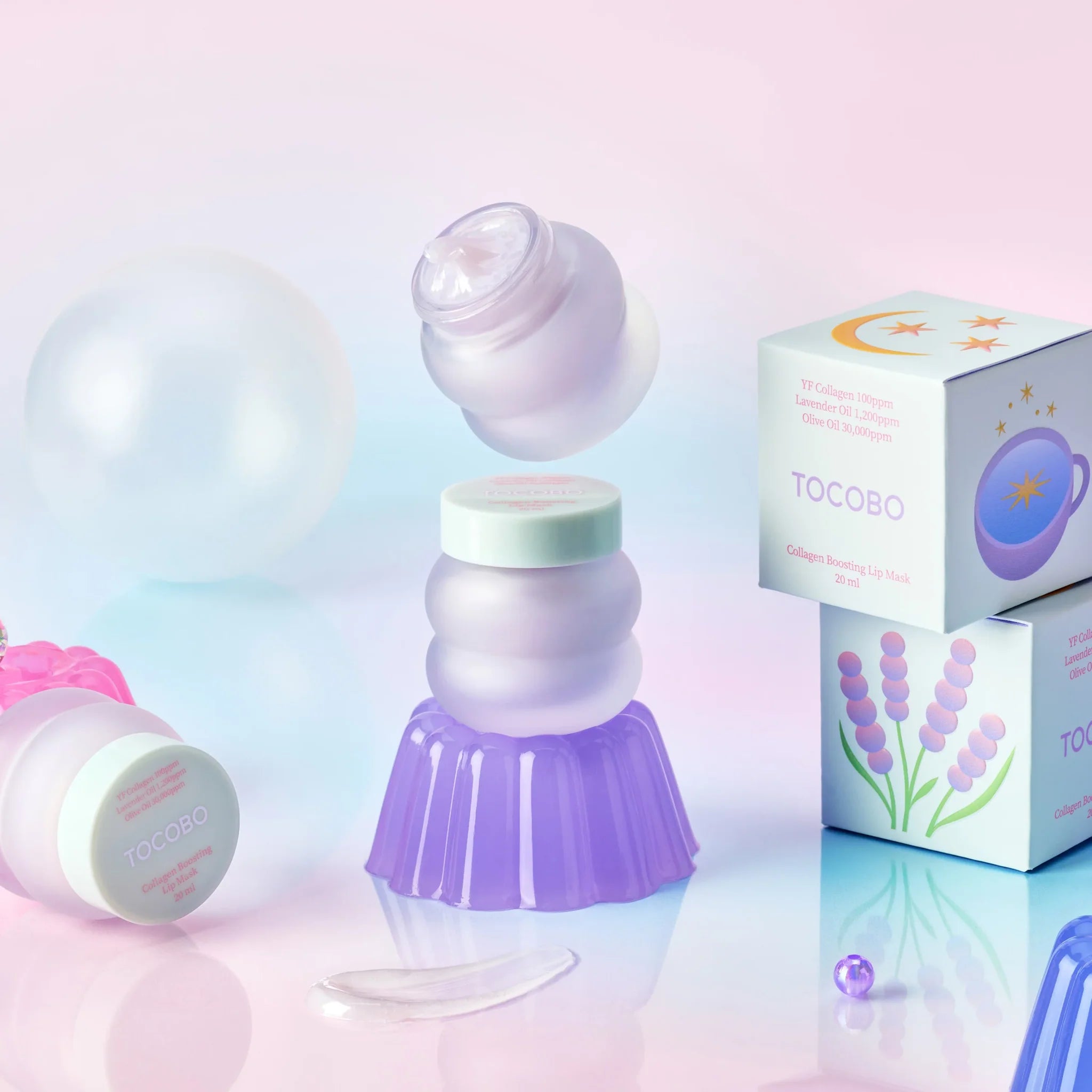 TOCOBO Collagen Boosting Lip Mask de la marque TOCOBO, flacon et boîte, visuel beauté pastel sur fond rose