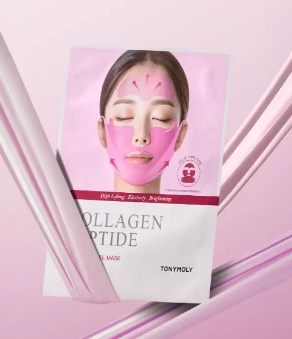 Décris l'image en français : TONY MOLY Collagen Peptide 3X Lifting Gel Mask (5 Sheets) sur étui rose, visage schématisé.