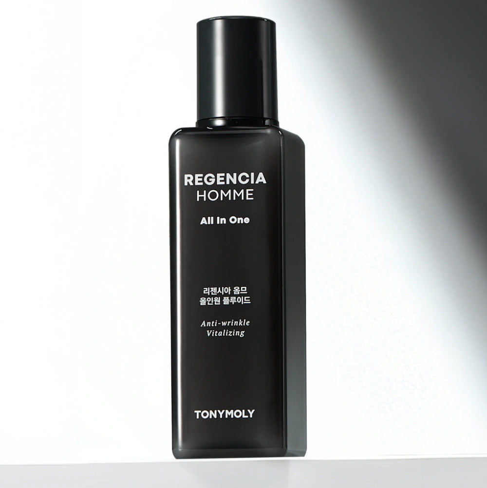 TONYMOLY Regencia Homme All-in-One Fluid 150ml, flacon noir sur fond clair, produit de soin visage homme TONYMOLY