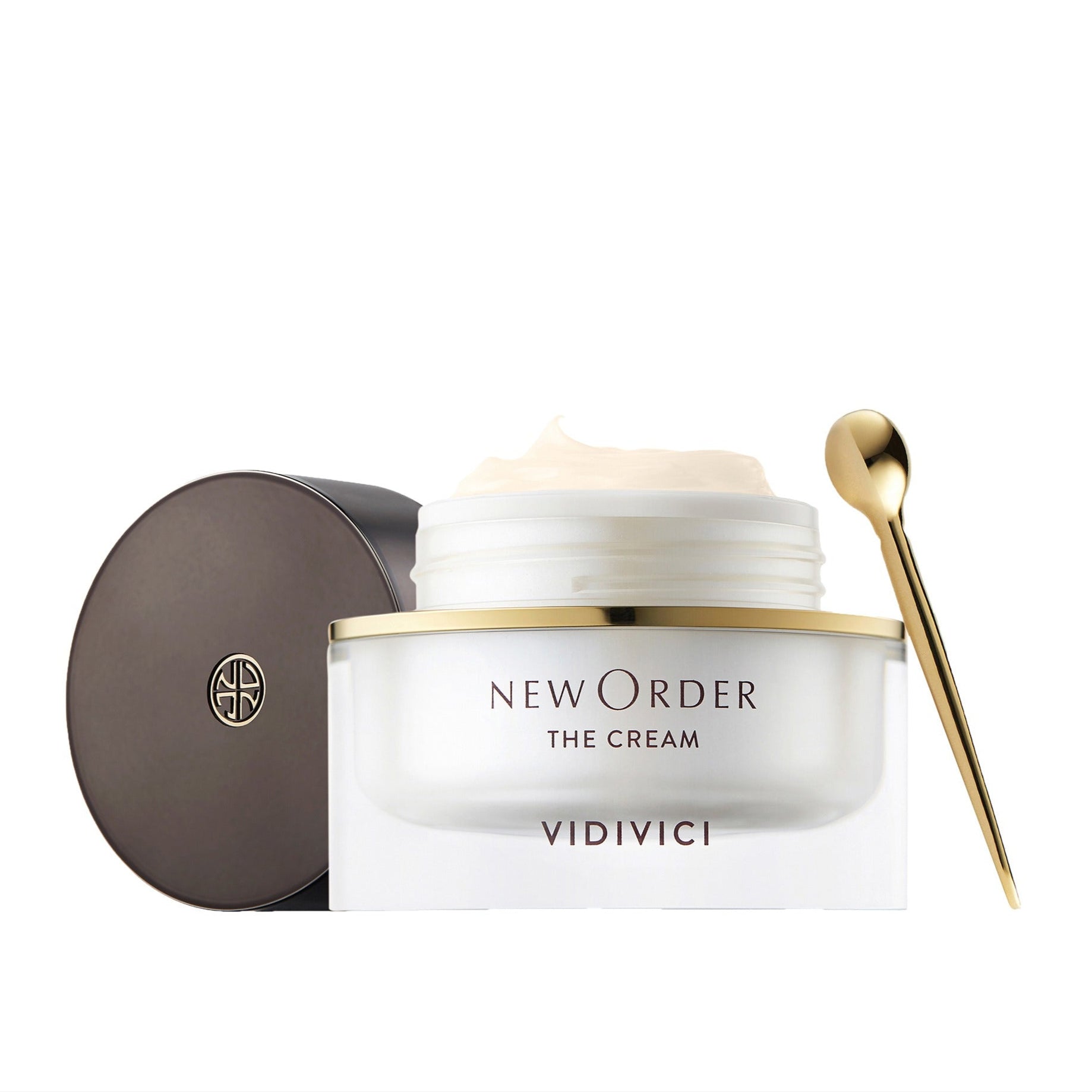 Le pot et la spatule de VIDIVICI New Order The Cream 50ml, crème luxueuse pour la peau en pot transparent avec couvercle noir.