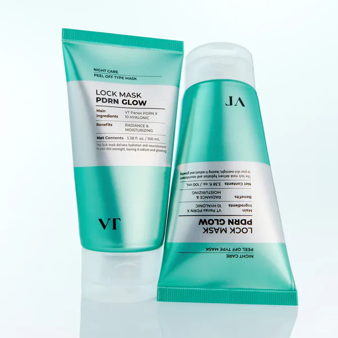 Décris l'image : VT COSMETICS PDRN Glow Lock Mask 100ml de VT COSMETICS, masque visage en tubes vert sur fond clair.