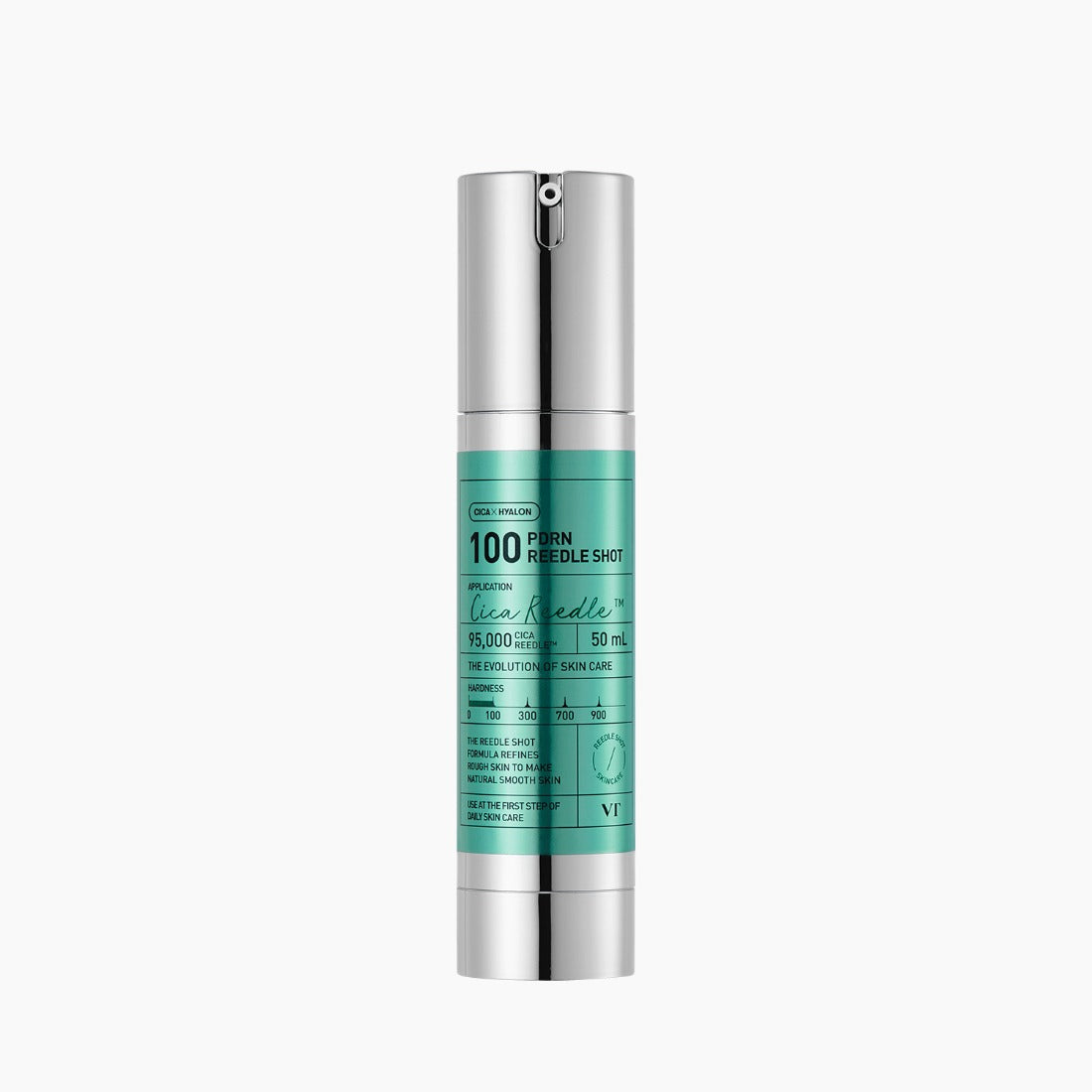 VT COSMETICS PDRN Reedle Shot® sur fond blanc, flacon sérum turquoise, marque VT Cosmetics, produit de soin visage.