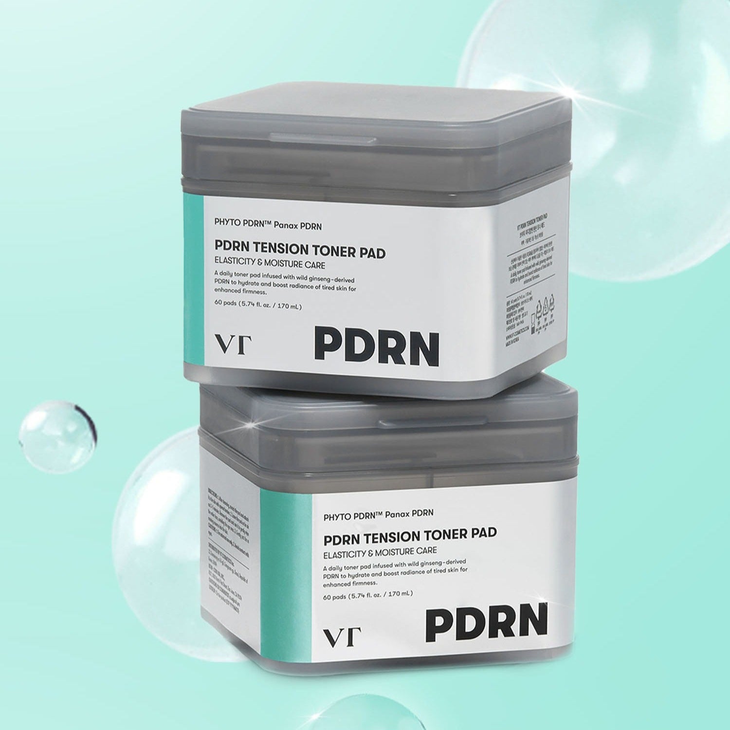 Décris l'image en français : VT COSMETICS PDRN Tension Toner Pads 60 Sheets, boîtes VT sur fond bleu avec gouttes.