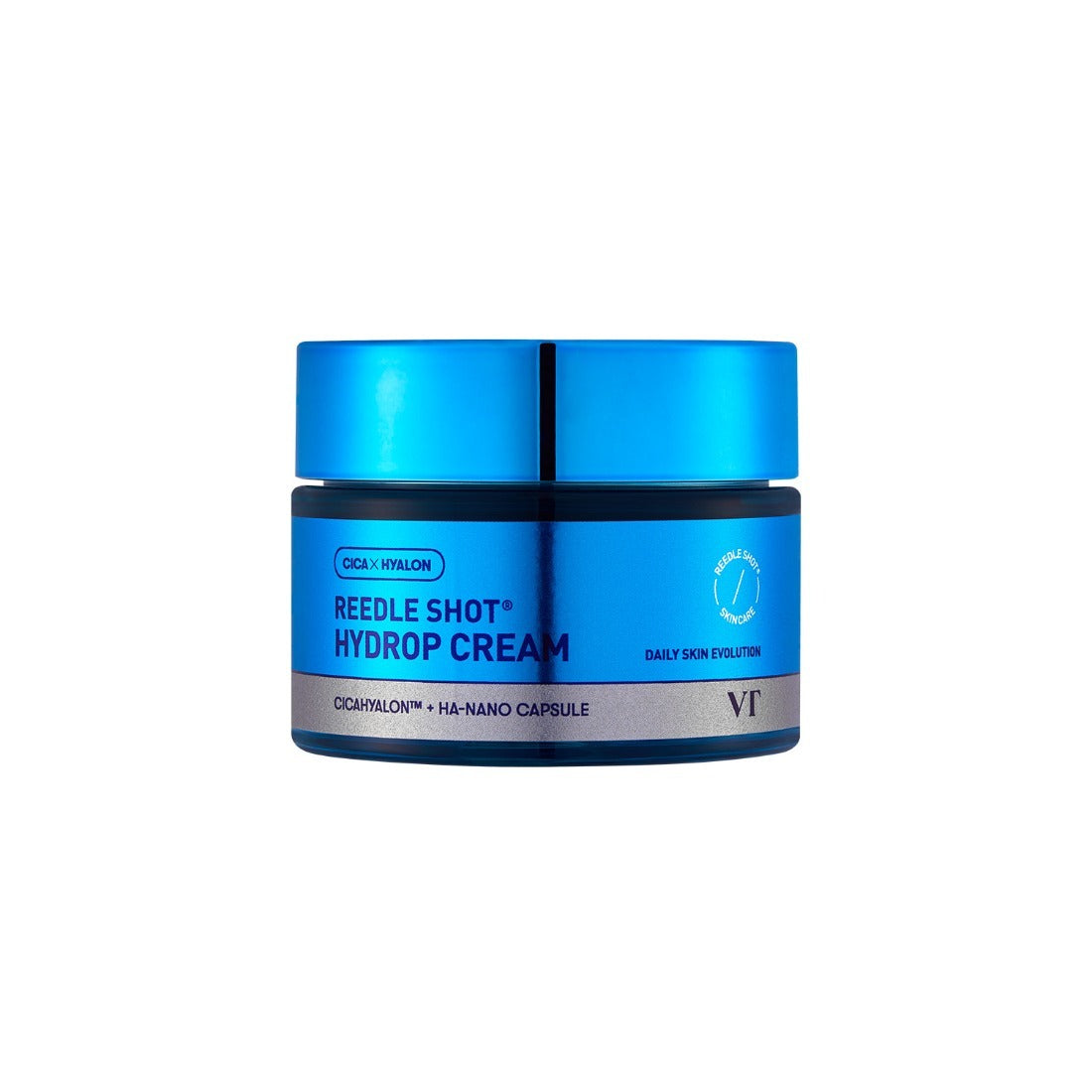 VT COSMETICS Reedle Shot® Hydrop Cream - 50ml, pot cosmétique bleu sur fond blanc, visuel produit marque VT Cosmetics