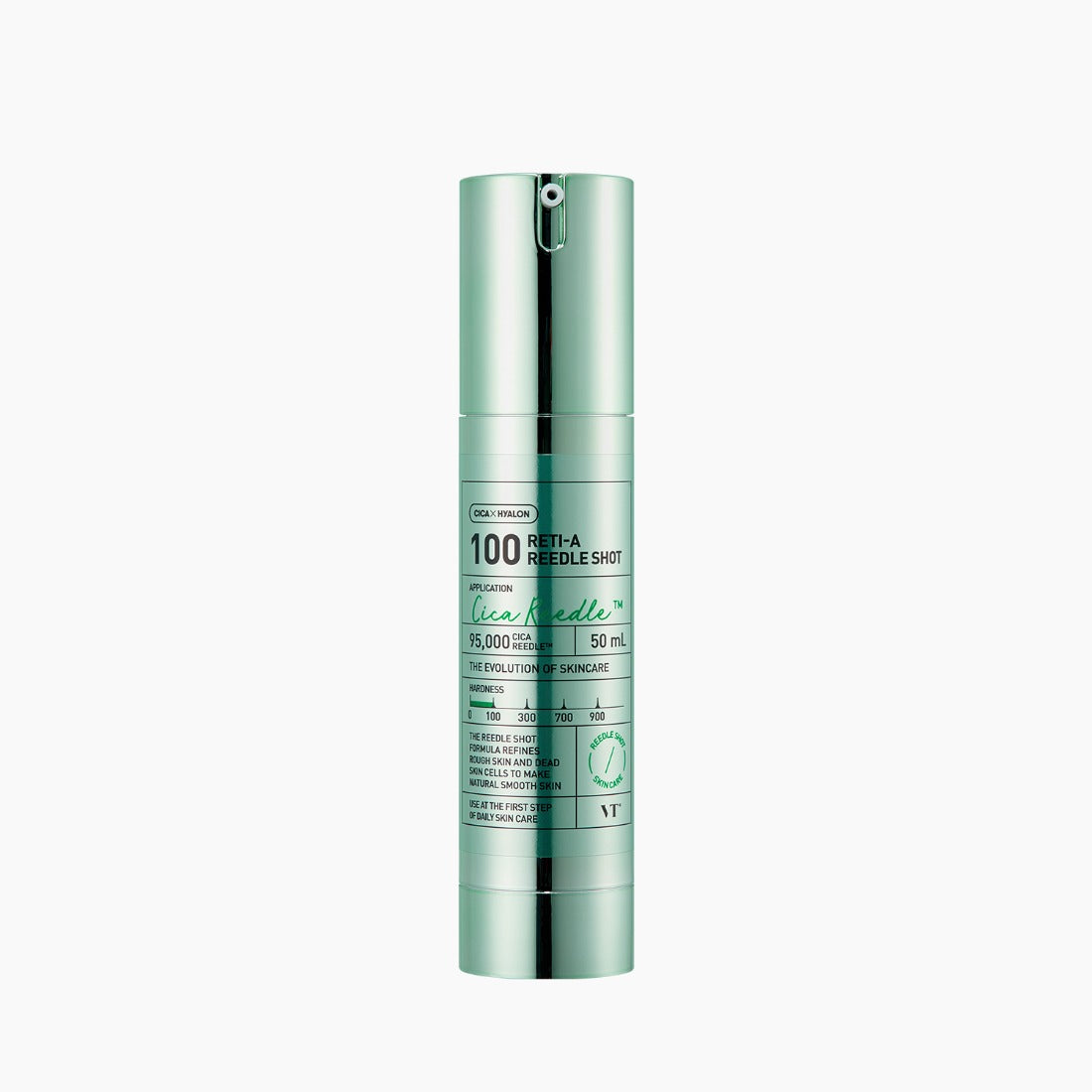 VT COSMETICS Reti-A Reedle Shot®, sérum beauté vert sur fond clair, bouteille produit VT, visuel studio