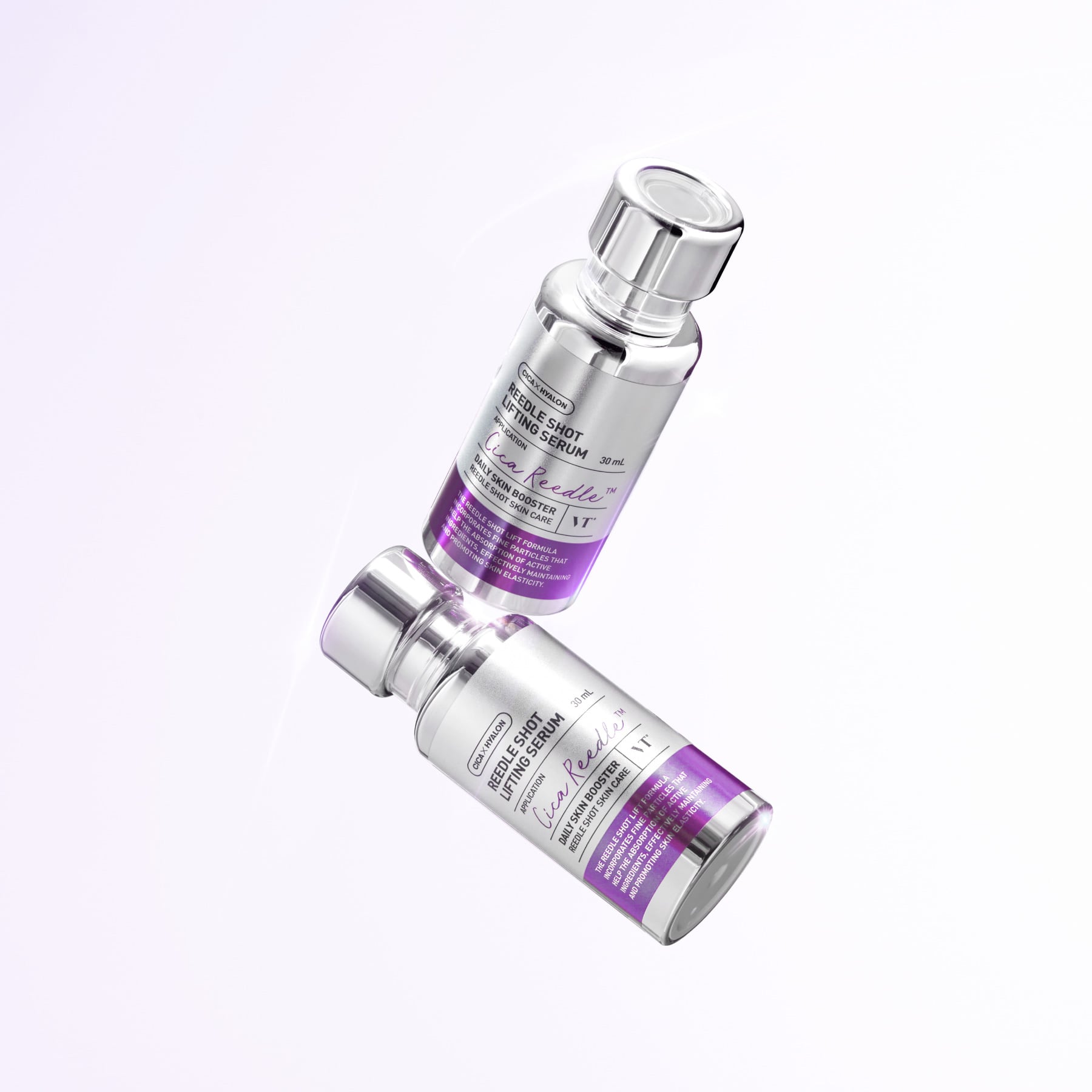 Décris l'image en français : VT COSMETICS Riddle Shot Lifting Serum 30ml, flacons violets sur fond blanc, marque en gros plan.