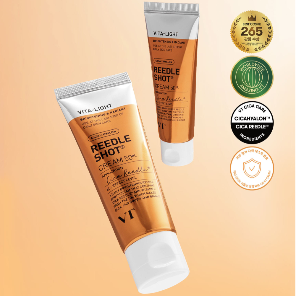 Décris l'image en français : VT COSMETICS Vital-Lite Riddleshot Cream 50g de VT COSMETIC, tubes sur fond beige, packshot.