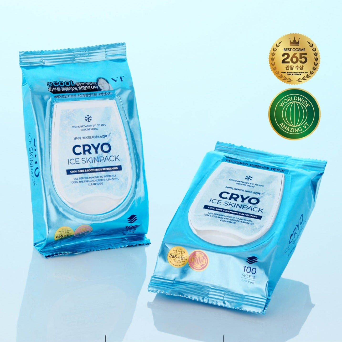 Emballage du VT COSMETIC Cryo Ice Skin Pack 210g, soin de peau rafraîchissant et apaisant en sachet bleu avec labels de récompense.