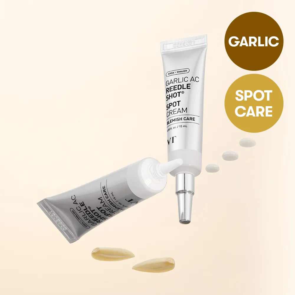 Crème à l'ail VT COSMETIC Garlic AC Riddle Shot Spot Cream 15ml pour soin anti-blemishes, en deux tubes avec capsules d'ail et texte "SPOT CARE".