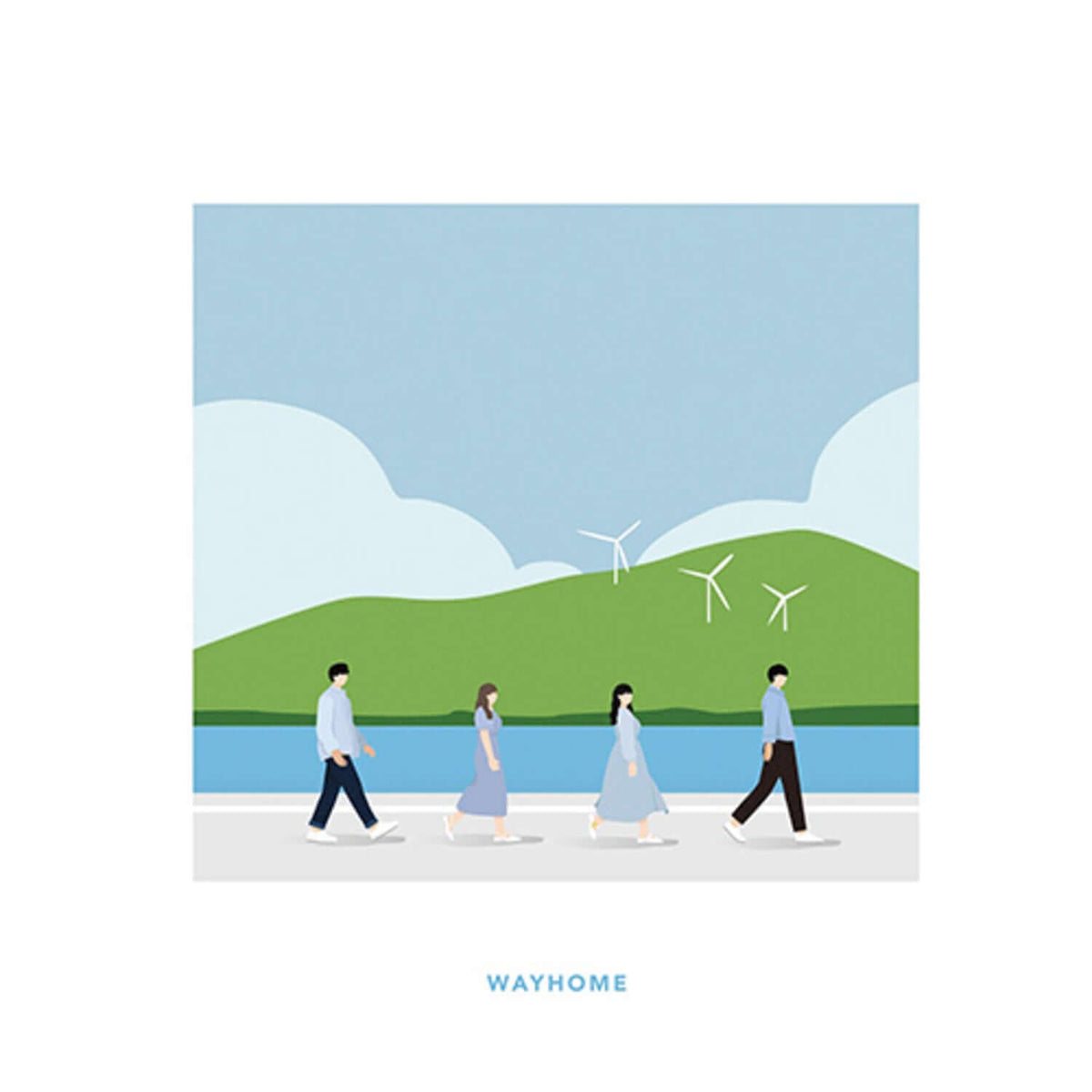 WAYHOME - Album Kpop de la marque WAYHOME, visuel pastel avec danseuses et danseurs devant des éoliennes, style mature