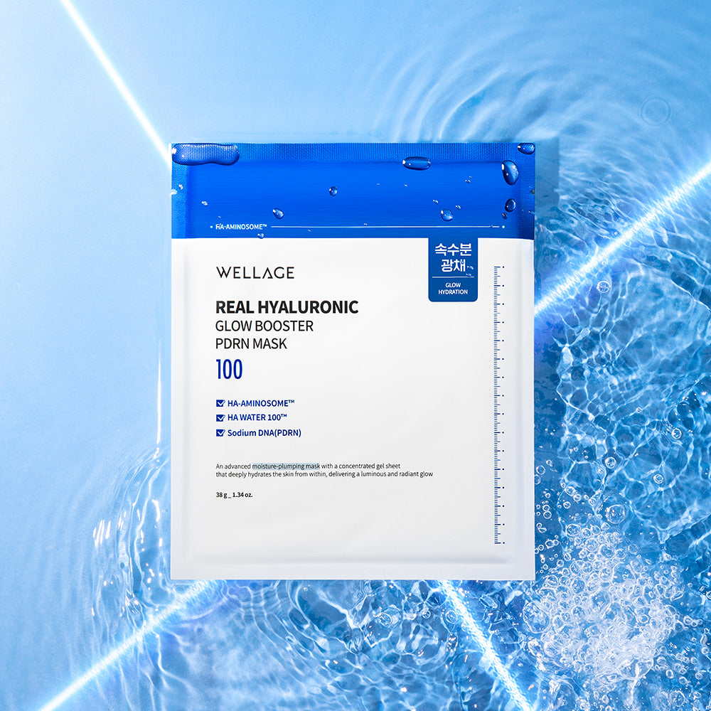 Masque WELLAGE Real hyaluronic Glow Booster PDRN 5 feuilles sur fond bleu, booster d'éclat hydratant