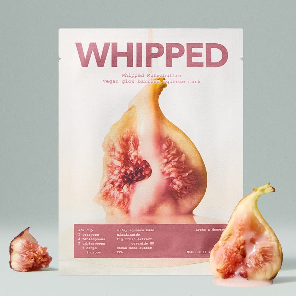 WHIPPED Butter Vegan Glow Barrier Squeeze Mask 1ea : packaging et figue en contexte beauté, marque WHIPPED, vegan.