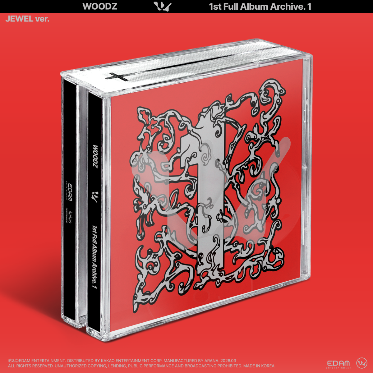 WOODZ 1st Full Album Archive. 1 Jewel Ver. – boîtier transparent, jaquette rouge, détail n° 1