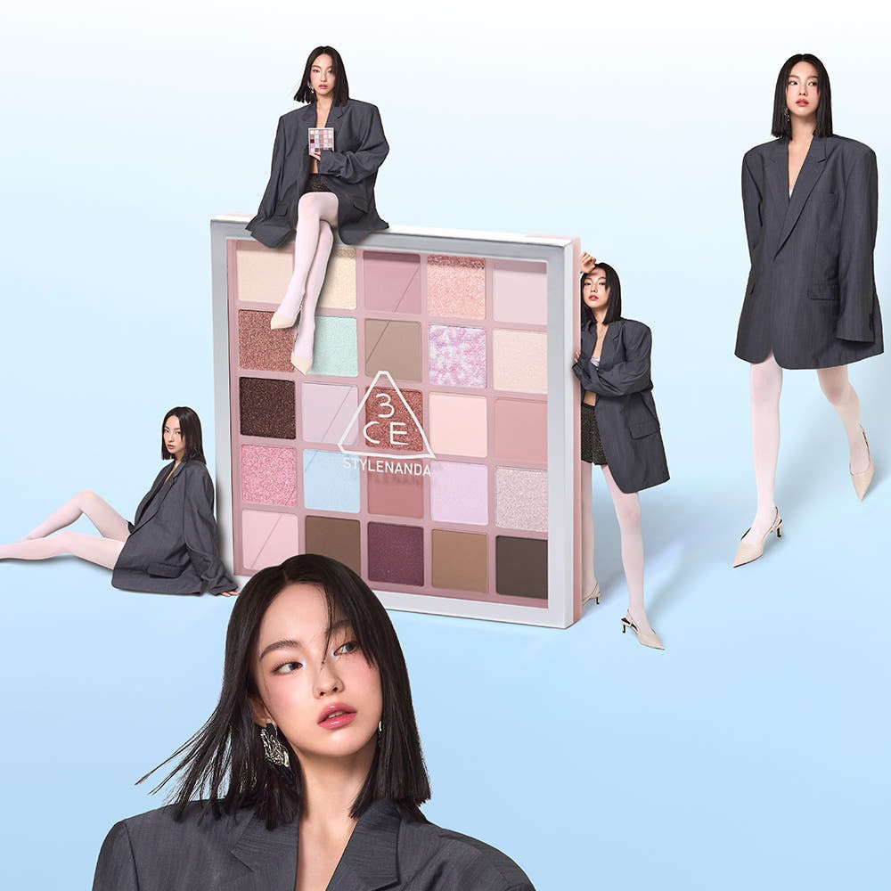 Palette de maquillage 3CE XL Eyeshadow Palette avec femmes en arrière-plan, tons variés, style moderne et chic.