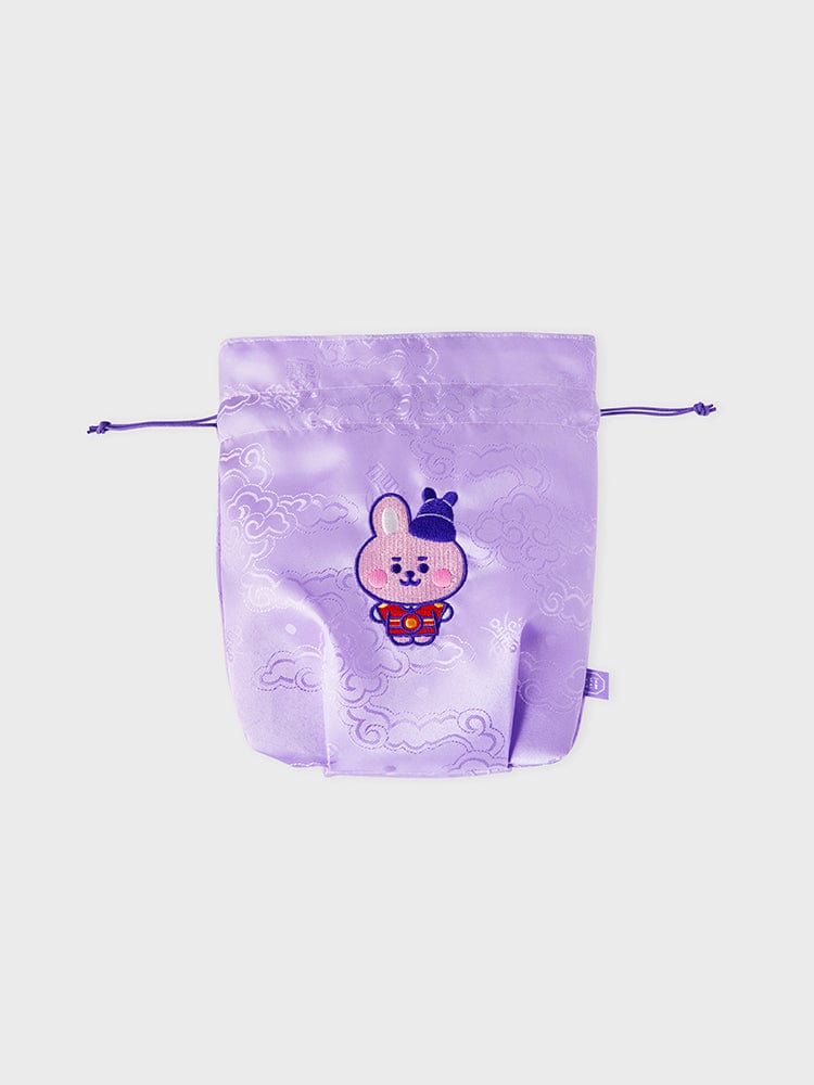 BT21 COOKY BABY GOOD LUCK POUCH K-EDITION ver.2, pochette en tissu mauve LINE FRIENDS avec COOKY sur fond clair