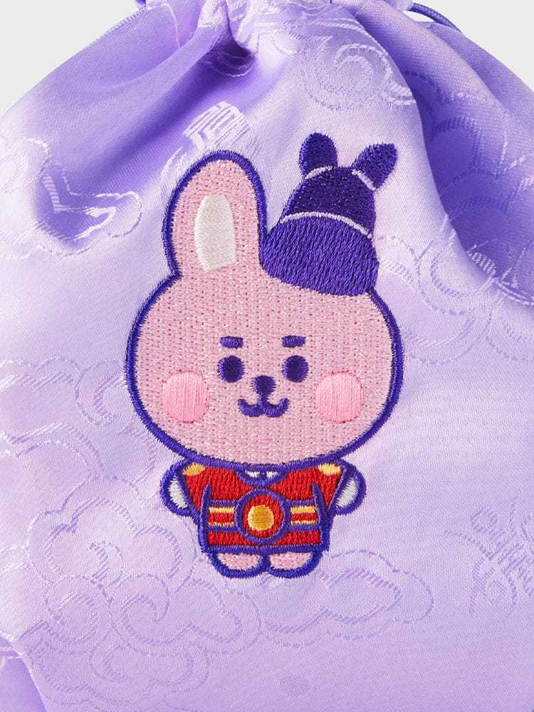 BT21 COOKY BABY GOOD LUCK POUCH K-EDITION ver.2, pochette LINE FRIENDS violette avec COOKY, lapin musclé, décor mascotte