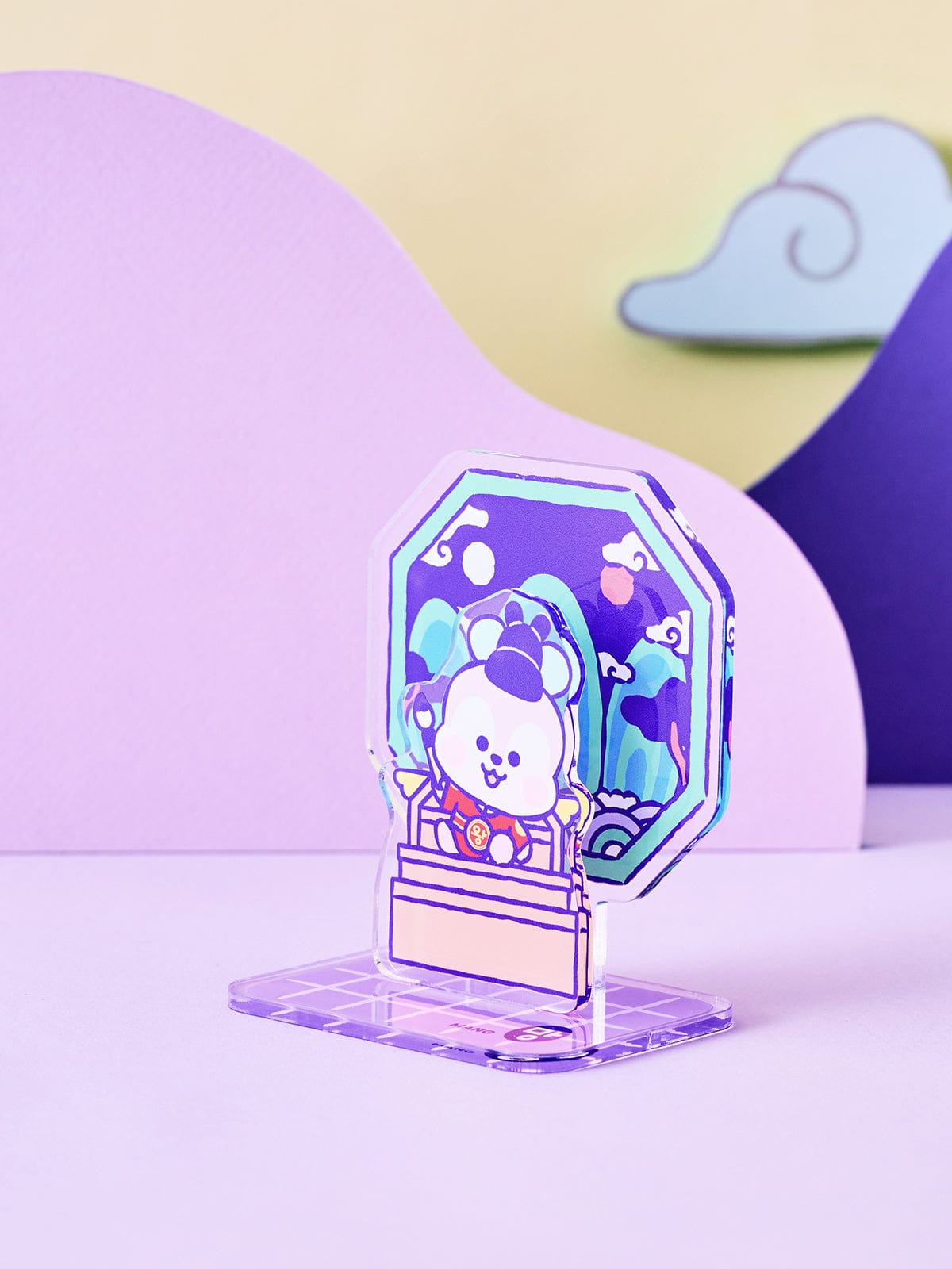 BT21 MANG BABY ACRYLIC STAND K-EDITION ver.2 : support acrylique officiel LINE FRIENDS, design poney MANG, décor violet.