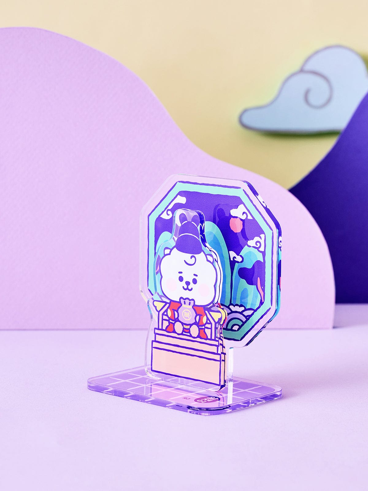 BT21 RJ BABY ACRYLIC STAND K-EDITION ver.2 : petit support acrylique officiel LINE FRIENDS, RJ sur bureau, design violet.