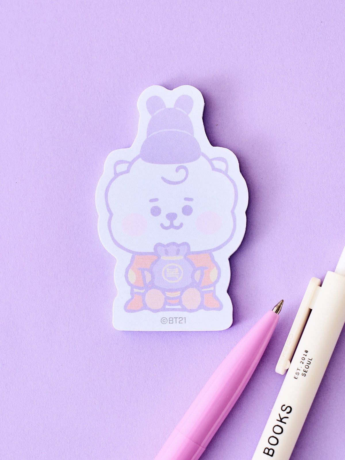 BT21 RJ BABY MEMO NOTEPADS K-EDITION ver.2 : mémo officiel LINE FRIENDS avec RJ alpaga, stylos sur fond violet