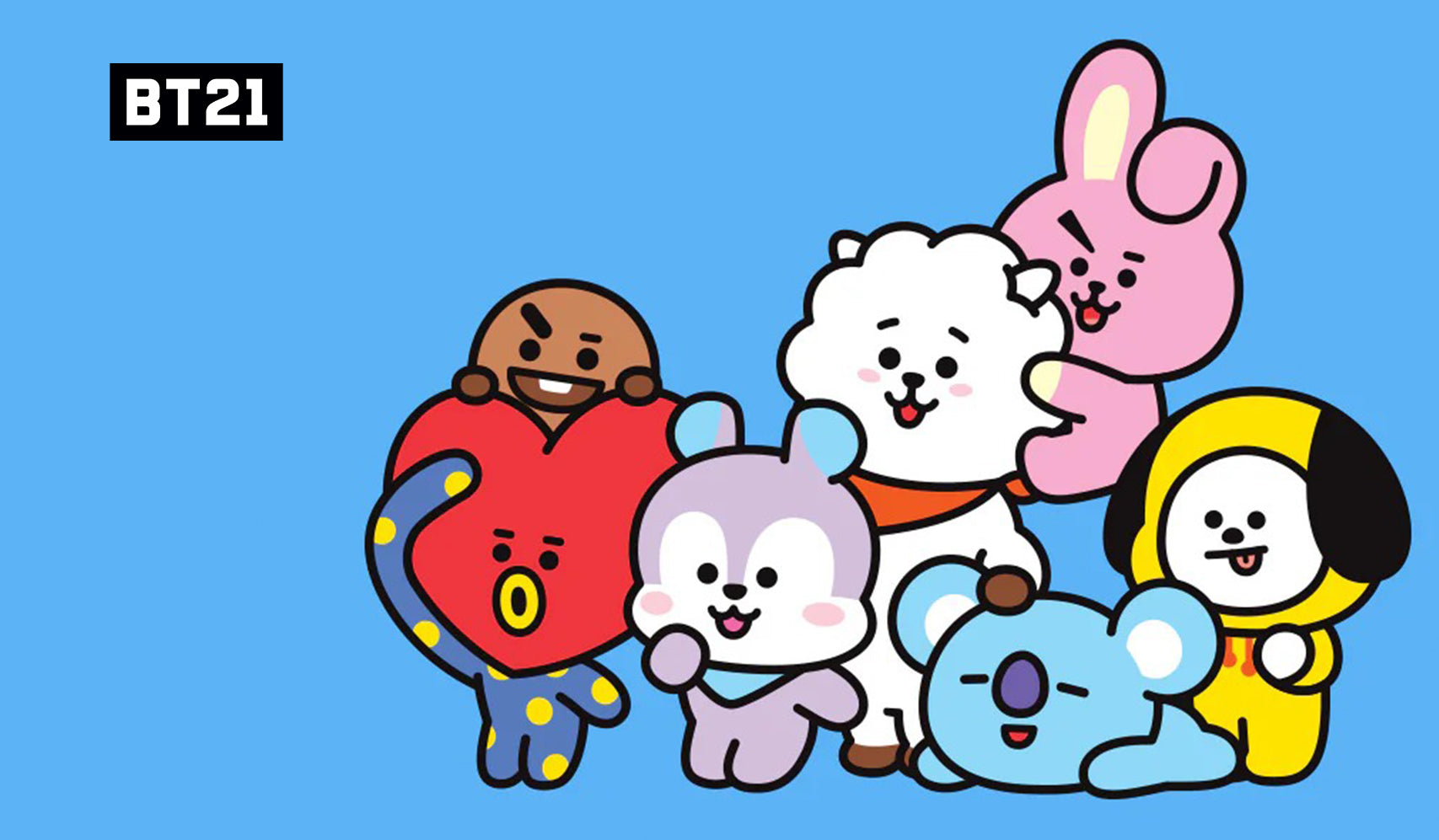 BT21 character group photo with Chimmy, Cooky, RJ, Tata, Koya, Mang, Shooky and Van in cute poses