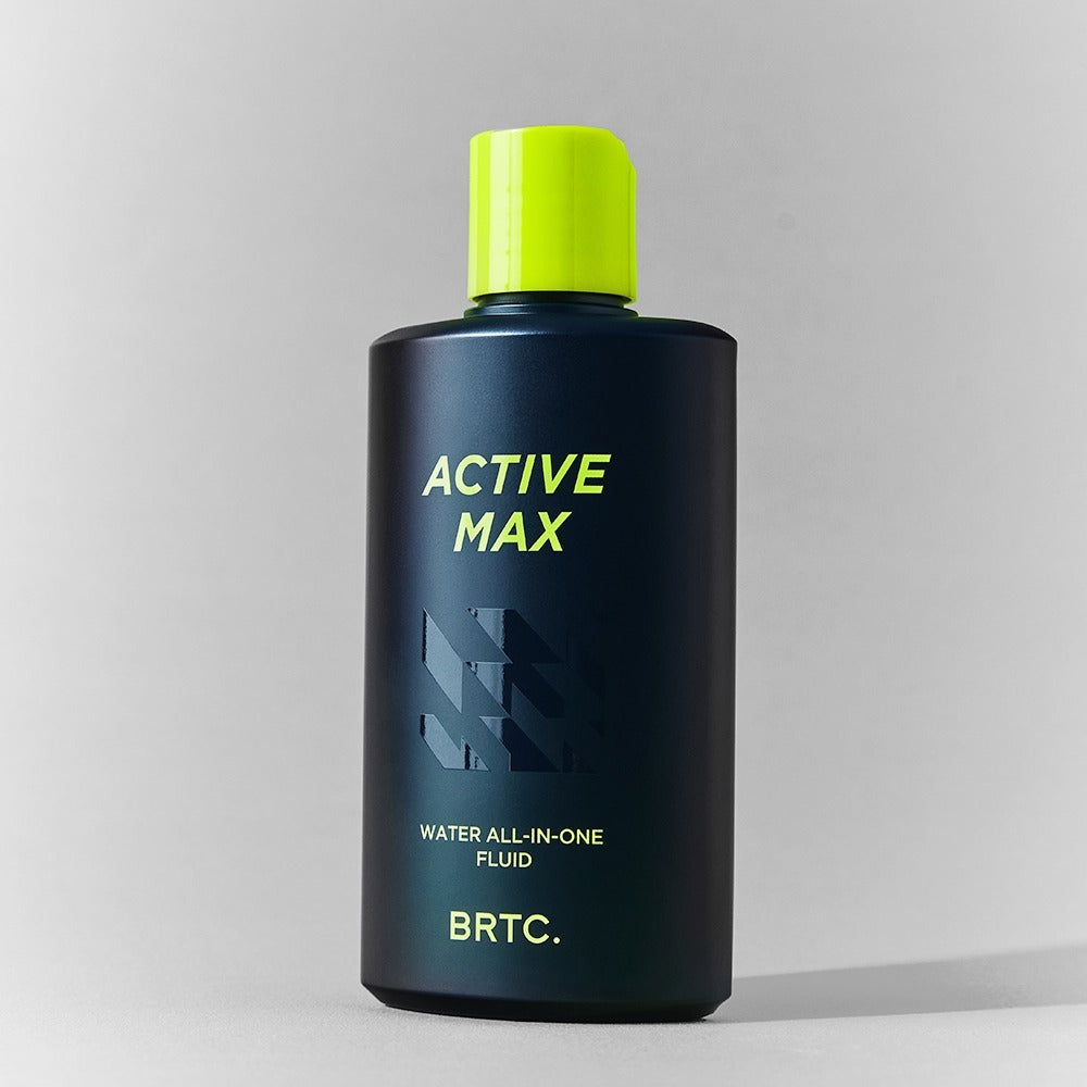 Bouteille de BRTC Homme Active Max Water All-in-One Fluid 150ml, fluide tout-en-un pour homme sur fond gris.