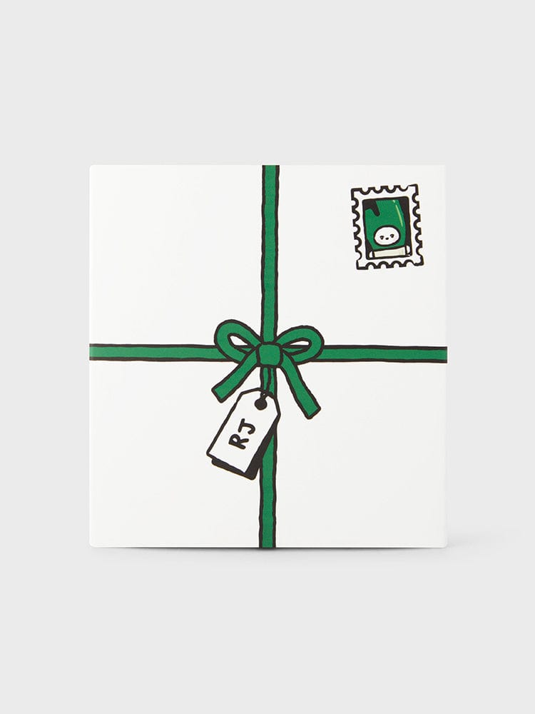 BT21 RJ mini minini VEGGIE DOLL : boîte-cadeau blanche nouée vert, visuel officiel de la marque BT21.