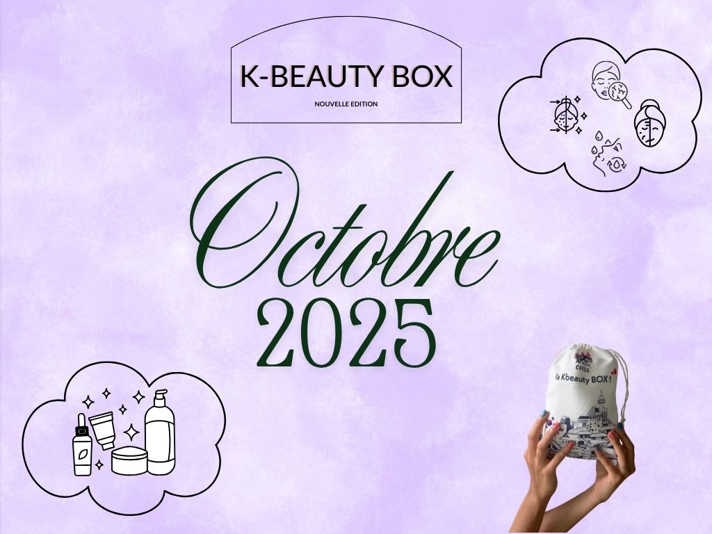 Affiche de la K-Beauty Box Octobre 2025 avec illustrations de produits cosmétiques sur fond violet.