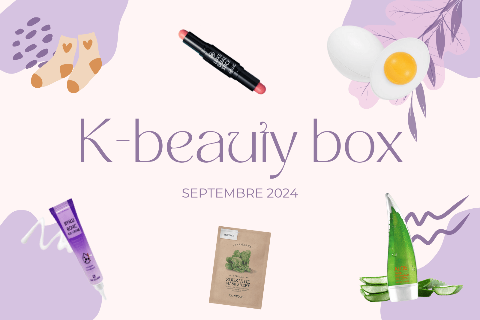 K-beauty Box de Septembre 2024 🍂, sélection de soins coréens et cosmétiques K-beauty en fond floral