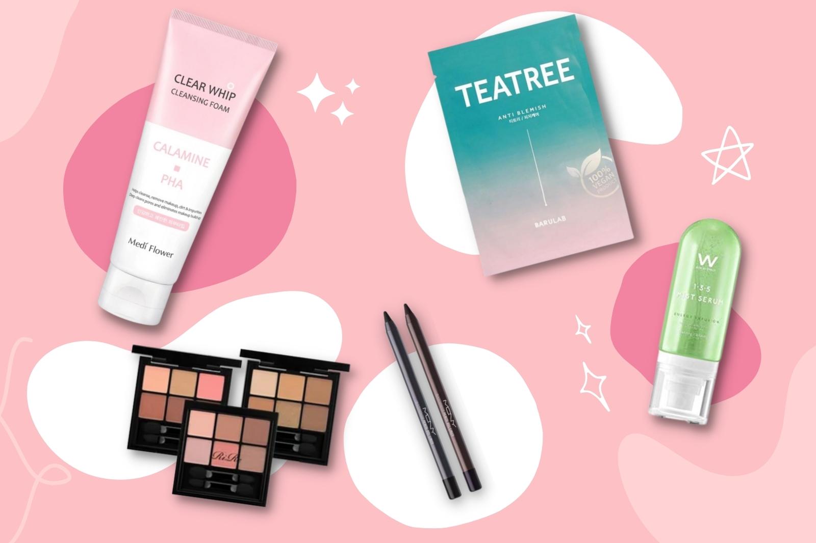 Produits de maquillage et soins visage dans la KBeauty Box d'Avril 2022 de Ma Petite Corée sur fond rose.