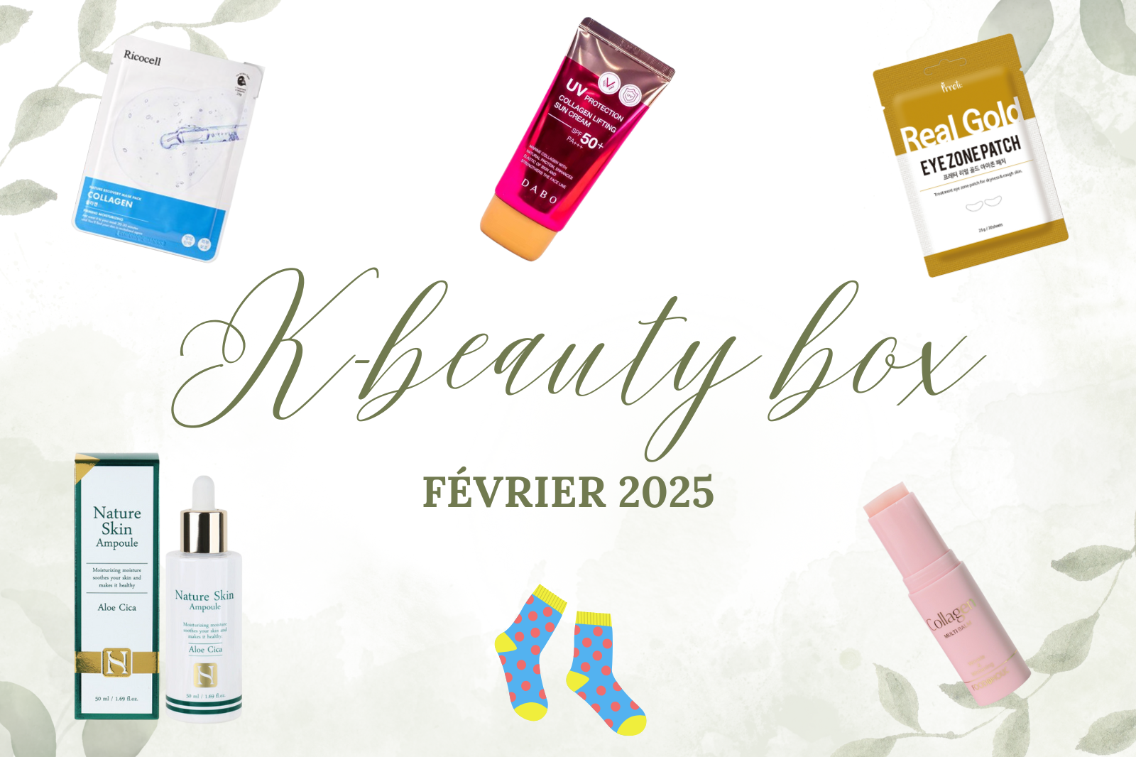 K-beauty box de Février 2025 avec produits soins visage et accessoires colorés, sur fond feuillu élégant.