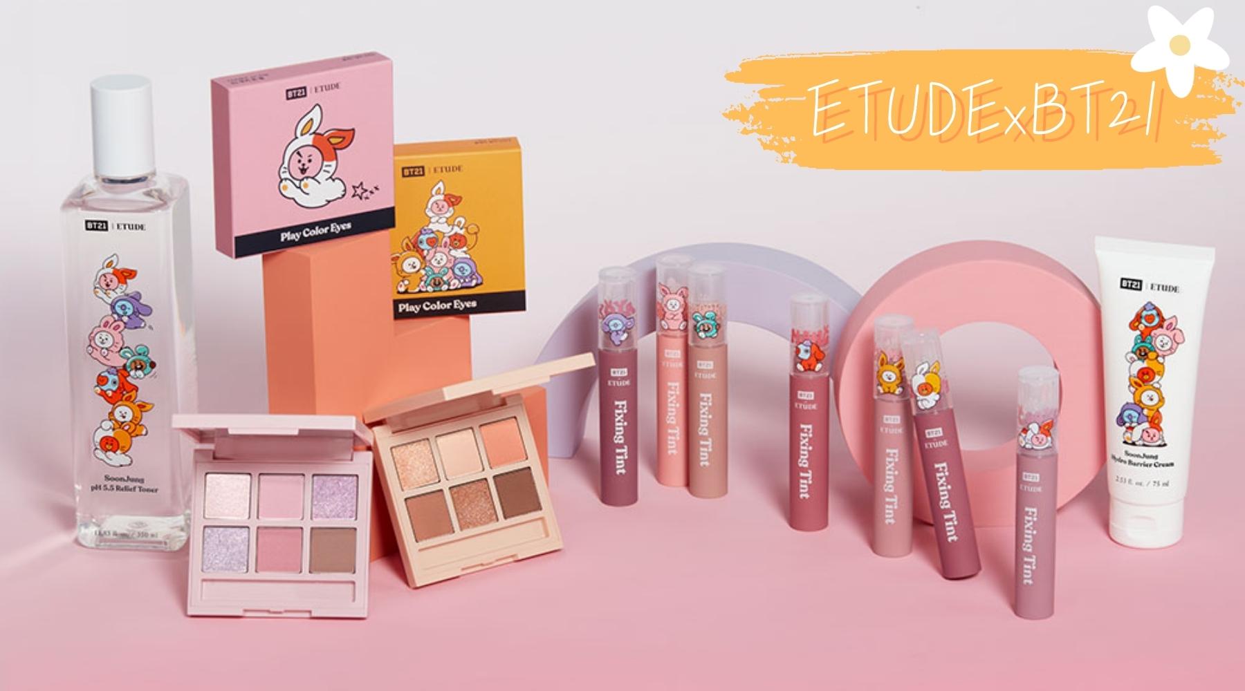 Coup de Cœur : ETUDE rencontre BT21 - Collection limitée maquillage et cosmétiques ETUDE et BT21 présentée sur une table rose