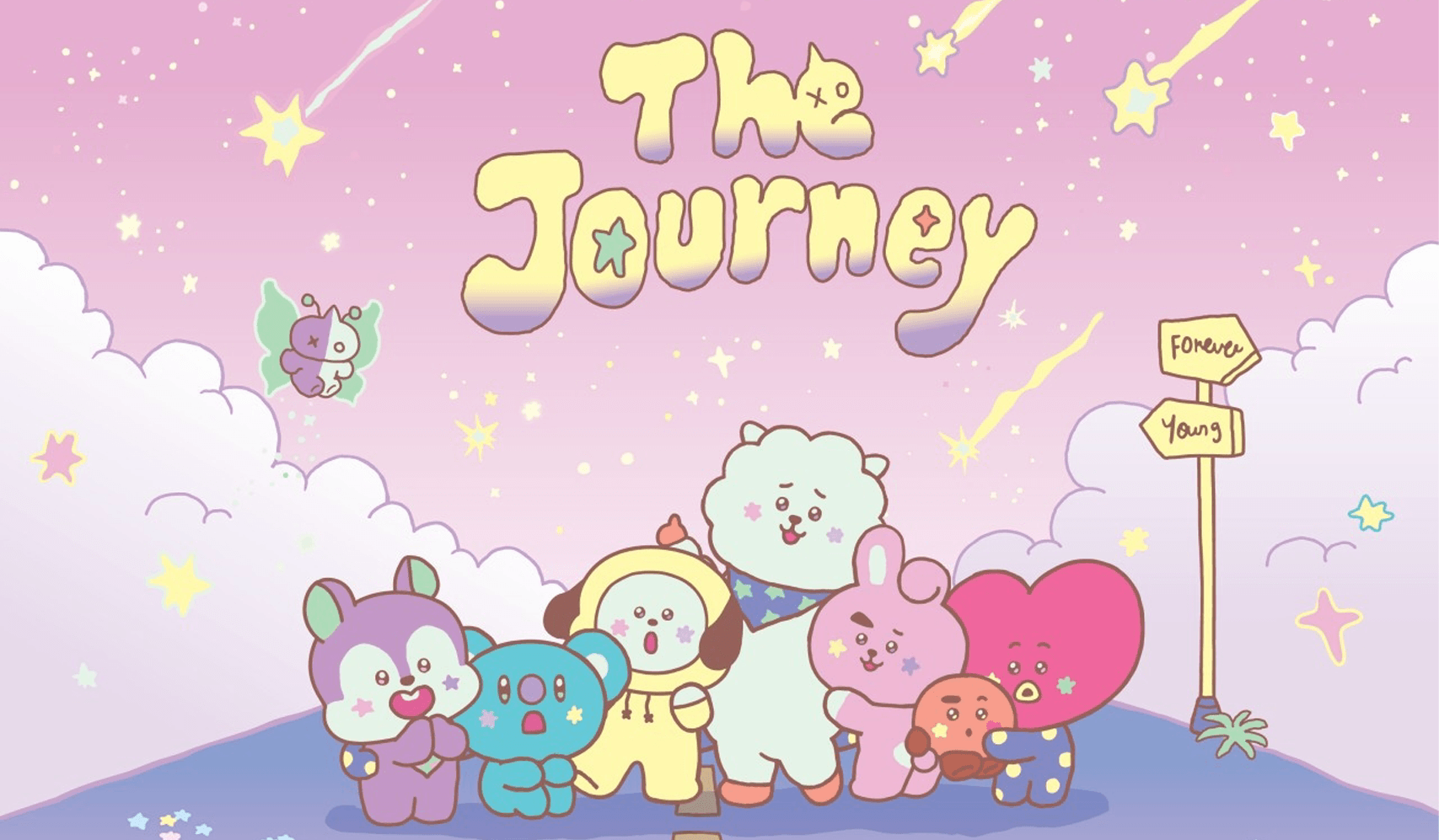 Le Phénomène Mondial de LINE FRIENDS & BTS : illustration mignonne “The Journey” avec personnages pastel et étoiles