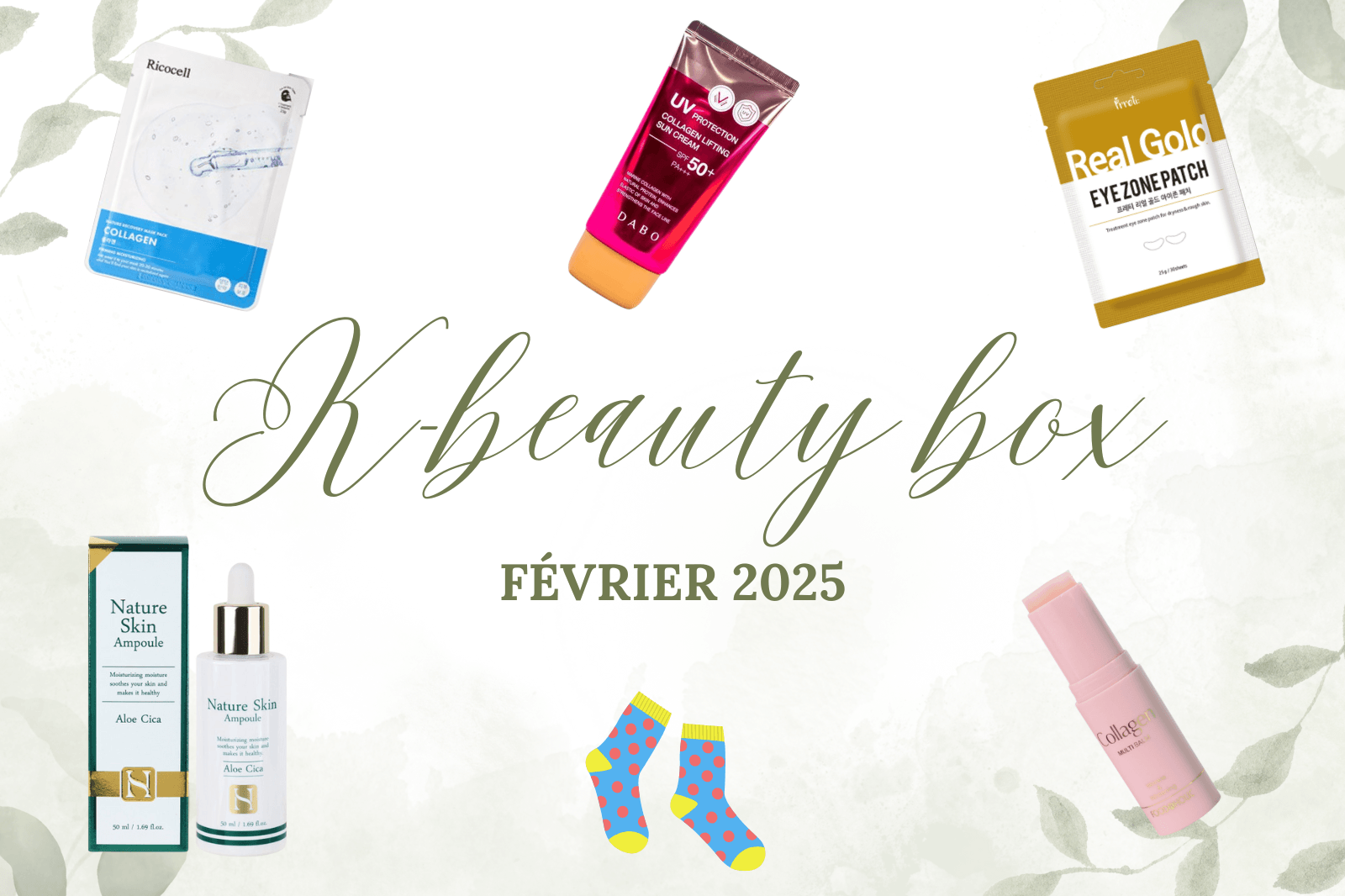 K-beauty box de Février 2025 : produits de beauté coréenne Ma Petite Corée avec sélection février 2025 sur fond végétal