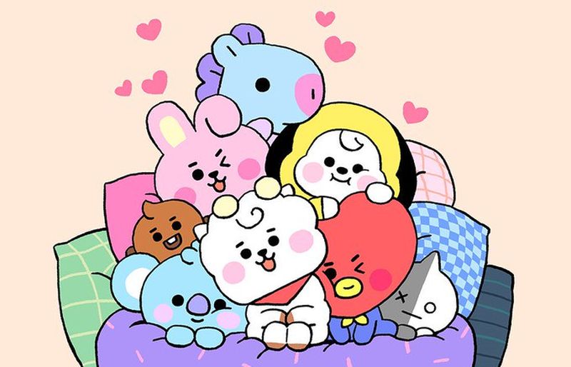 Les BT21 : l'univers mignon de BTS en détails avec les personnages colorés et adorables dans une illustration de groupe.